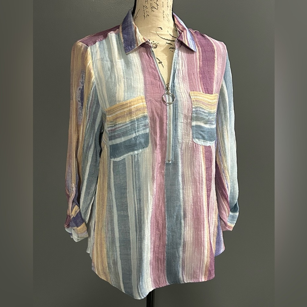 Pastel Striped Zip-Front Women’s Blouse